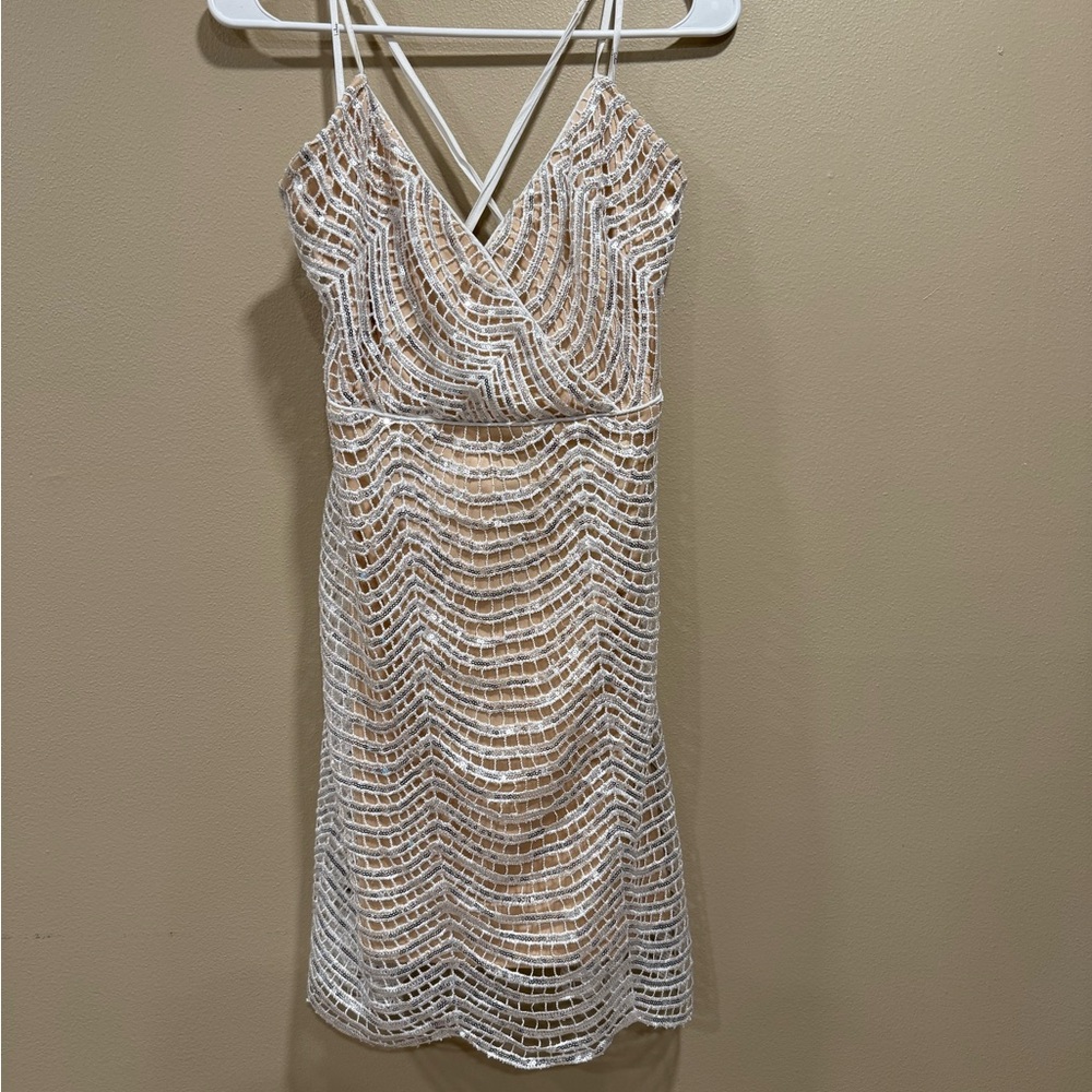 Lulu's White Crochet Overlay Mini Dress with Nude Lining